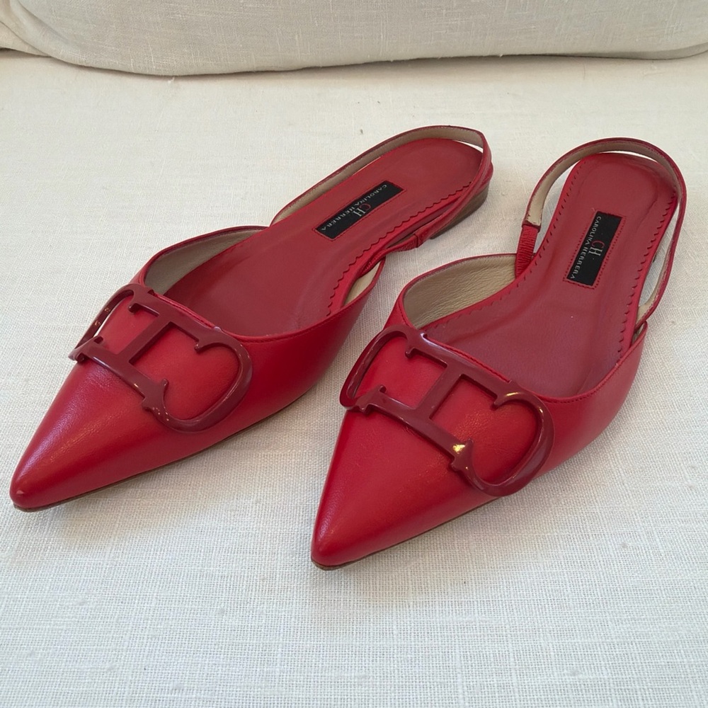Carolina Herrera Red Pointed Leather Slingback Mules with Signature Logo